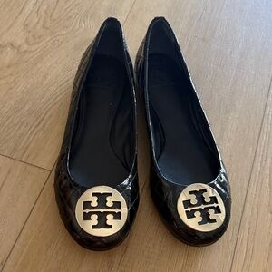 Tory Burch Black Quilted Flats with Gold Logo